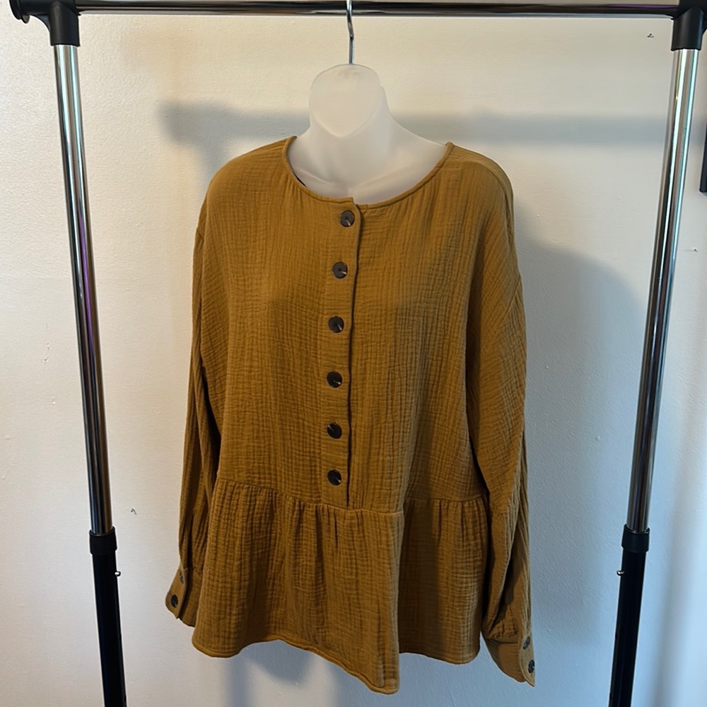 Madewell Gauze Button-Back Peplum Blouse Compass Gold XL